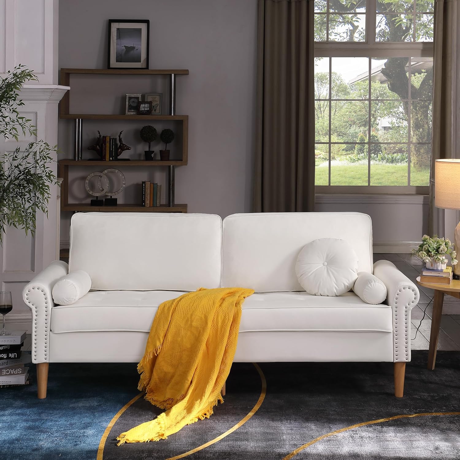 Velvet Sofa Couch - 77” Loveseat Sofa Couch with 3 Pillows,Rolled Arm with Copper Nail Decor,Modern Comfy Sofa for Living Room,Apartment,Dorm, Office(White)