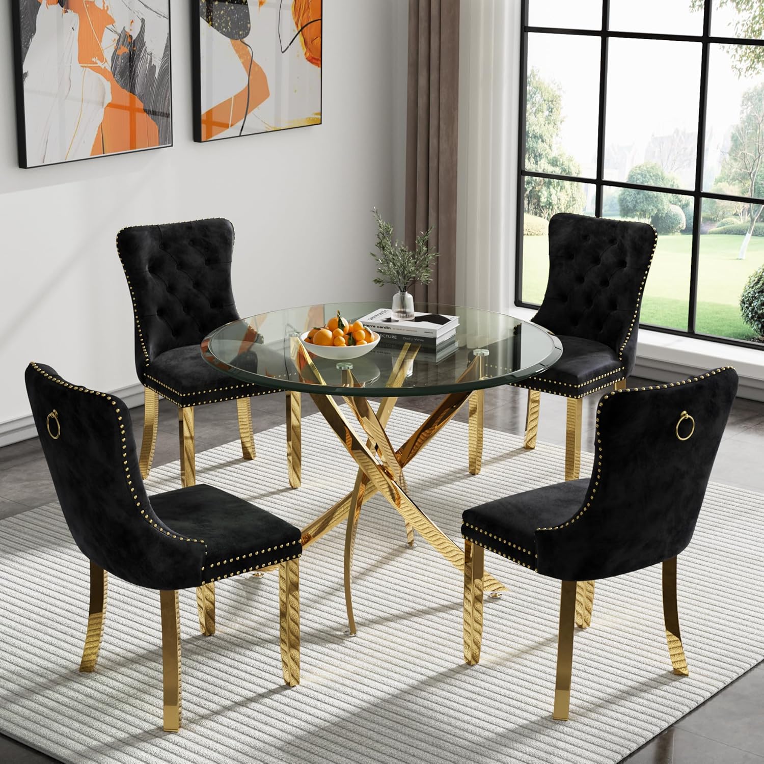 Round Glass Dining Table Set,36'' Tempered Glass Kitchen Dining Table Set for 4,5-Piece Glass Dinner Table Set with Stainless Steel Legs and Velvet Chair Set for Kitchen Dining Room Furniture