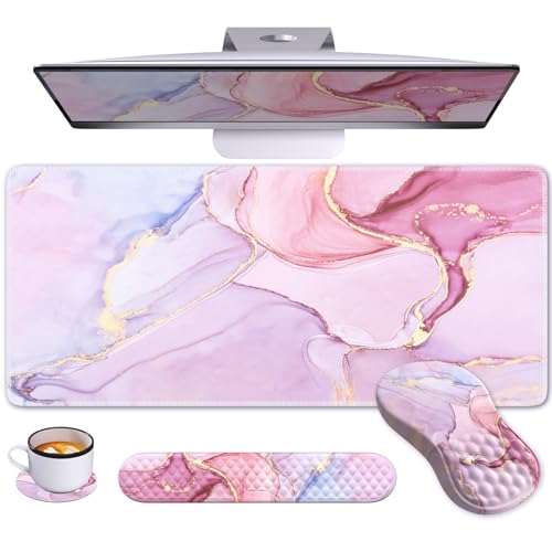 Pink Desk Mat Set, Ergonomic Computer Mats for Desktop, Rose Gold Desk Mat for Keyboard and Mouse, Mouse Pad and Keyboard Wrist Rest, Memory Foam Wrist Rest for Keyboard and Mouse for Office Study