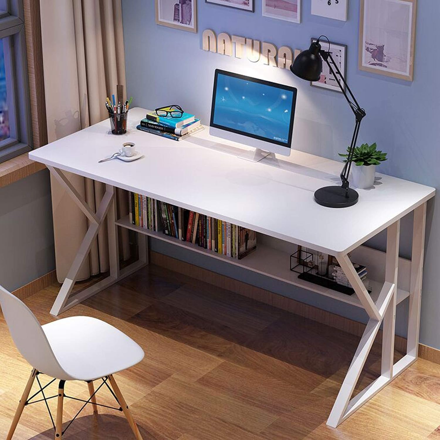 Home Office Computer Desk,Metal Frame PC Table with Storage Bookshelf,Sturdy Office Desk for Study Bedroom Living Room-White 100x60x72cm