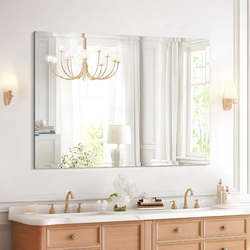Frameless Mirror,Bathroom Vanity Mirrors for Over Sink,Rectangle Wall-Mounted Beveled Polished Edge Mirrors,Apply to Living Room,Bedroom,Right Angle Bathroom Entryway Mirror 30 * 36in