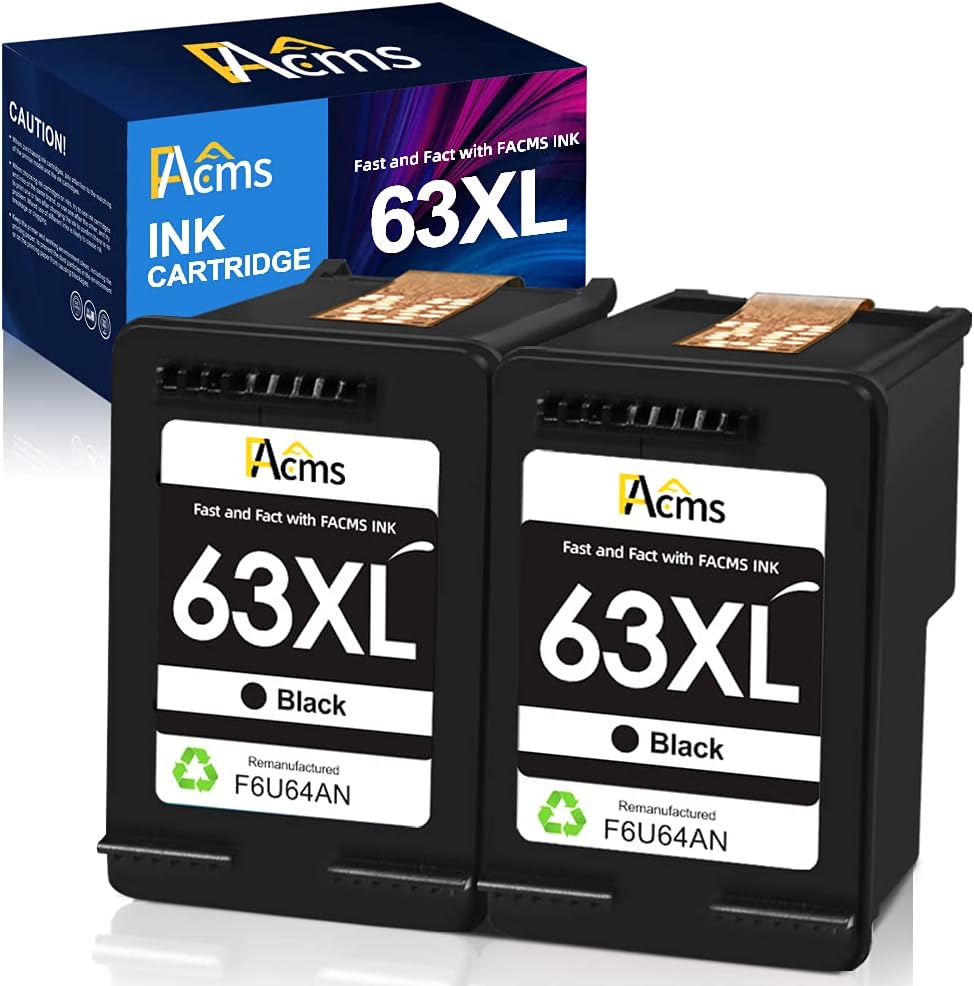 Remanufactured 63xl Black Ink Cartridge Replacement for HP 63 63XL for HP OfficeJet 3830 5255 5258 Envy 4520 4512 4513 4516 DeskJet 1112 1110 3630 3632 3634 2130 2132 Printer (2 Black)