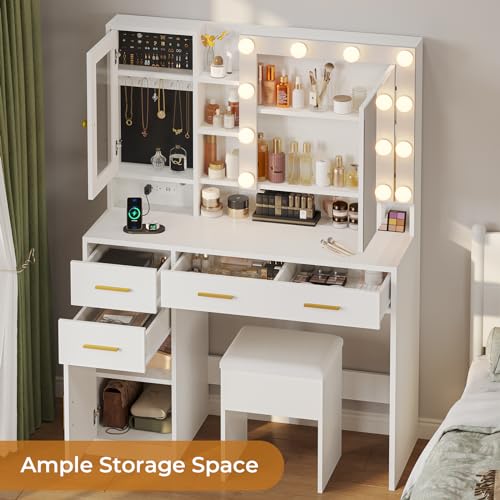 Vanity Desk with Storage Stool, Makeup Vanity with Lighted Mirror & Jewelry Storage, Vanity Table Set with Drawers & Charging Station, Makeup Desk with Shelves & Cabinets for Bedroom, Black