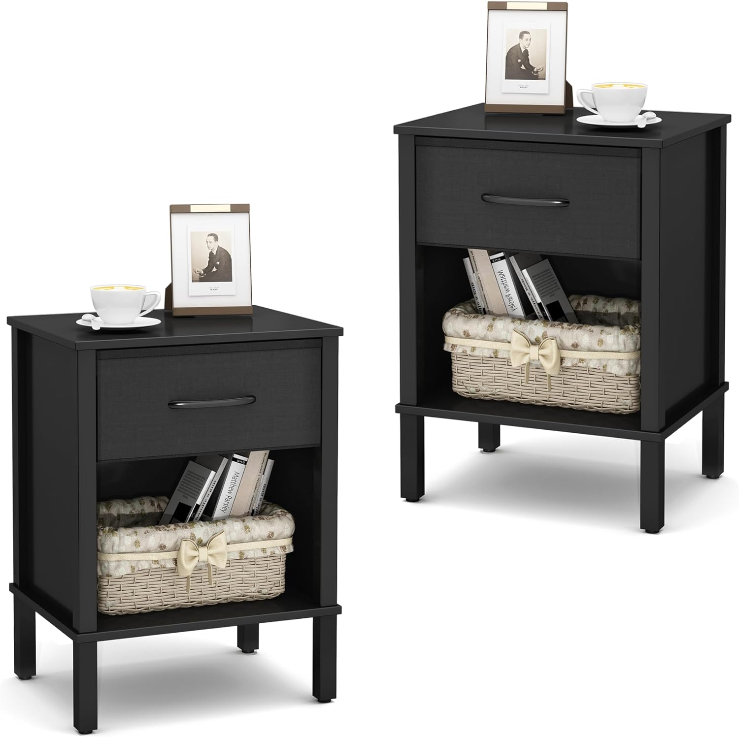 Small Nightstand Set of 2,Black Nightstand with Fabric Drawers, Bed Side Table, End Table, Modern Nightstand for Living Room,Bed Room,Small Space, Black CTG68BB-2