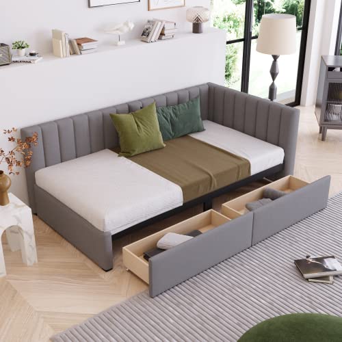 Twin Corner Daybed with 2 Storage Drawers,L Shaped Day Bed with Upholstered Armrest,Modern Sofa Bed Frame,Linen Fabric,No Box Spring Needed (Beige)
