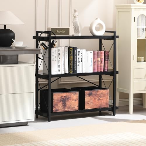 HCHQHS Bookshelf, 3-Tier Industrial Bookcase, Rustic Open Book Shelf, Freestanding Horizontal Bookshelves with Metal Frame