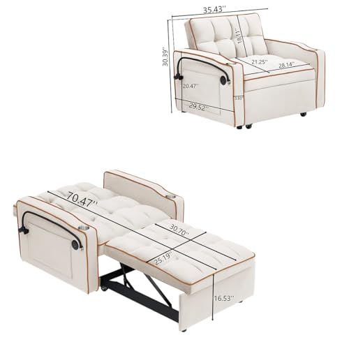 3 in 1 convertible Sleeper Sofa bed chair, Modern Pull Out Couch Bed single recliner with adjustable back , Velvet Futon Folding Sofa Bed Chair for Living Room Bedroom small Spaces (Dark Gray)