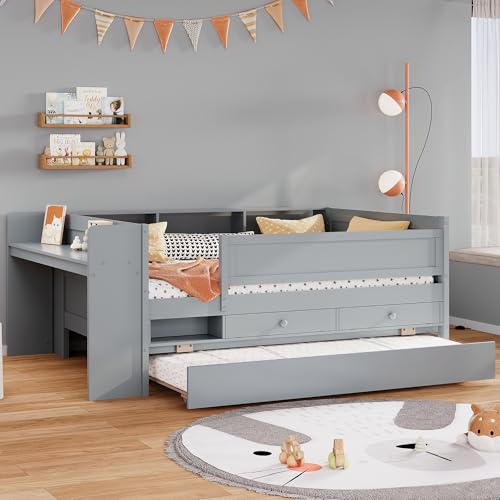 Modern Wood Daybed with 2 Drawers, Multifunctional Sofa Bed with Storage Shelf and USB Charging Ports,No Box Spring Required (White, Full)