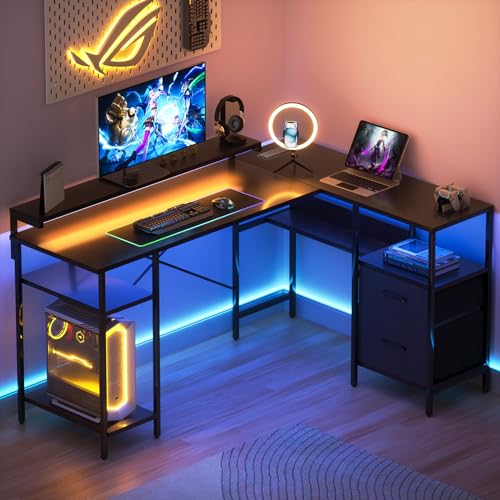 L-Shaped Home Office Desks with 2 Drawers Reversible Computer Gaming Desk with Monitor Stand Power Outlets Corner Desks for Home Office 61