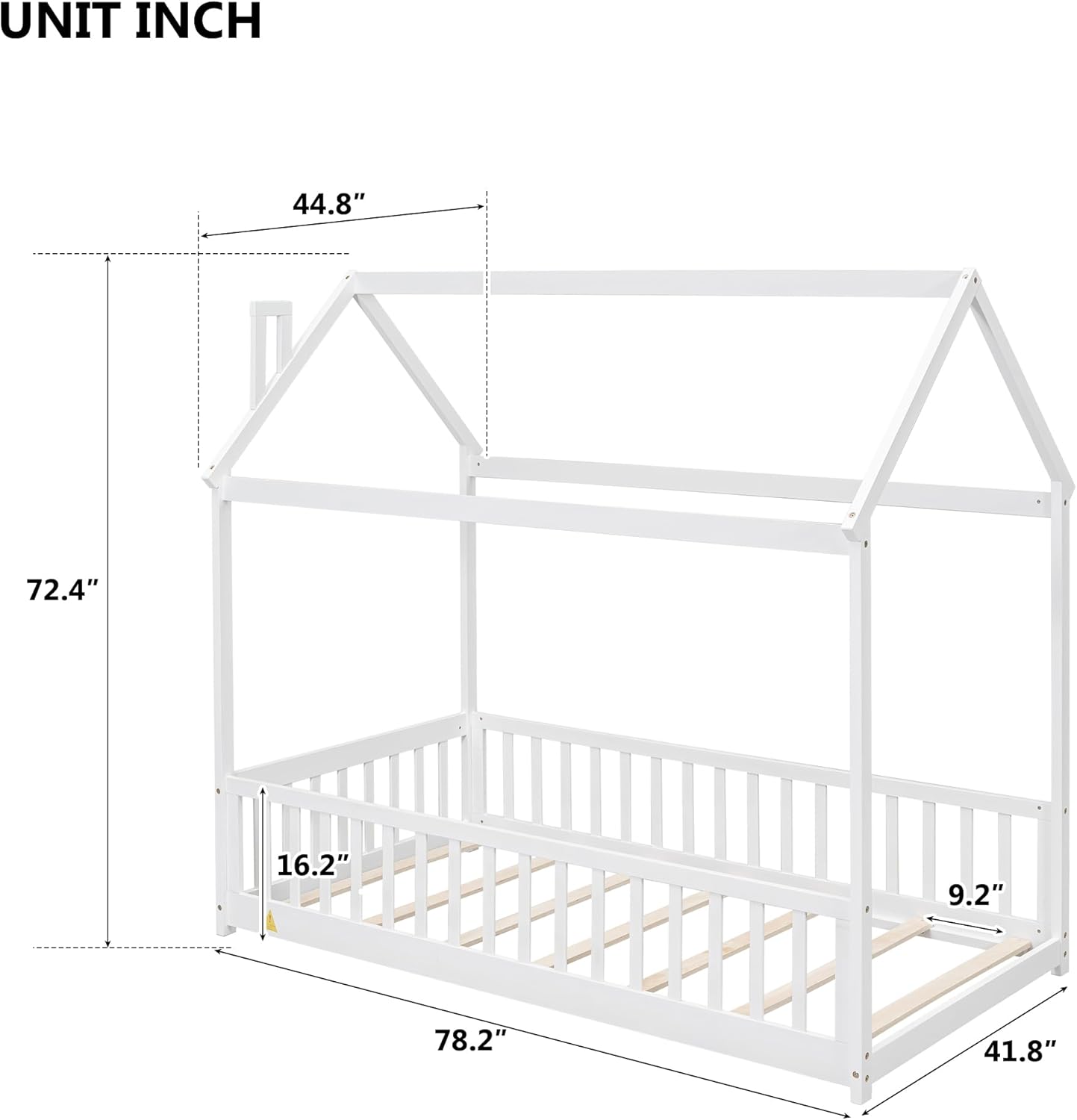 Twin House Bed with Three Side Guardrails, Roof Design Fun Playhouse for Kids Teens, Montessori Beds Wood Bed Frame Slats Mattress Foundation Easy Assembly, No Box Spring Needed
