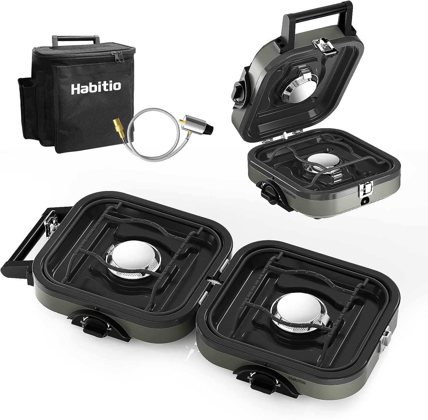 2-Burner Camping Stove Foldable, Portable Propane Camp Stove with 16000 BTU Adjustable Burners and Piezo Ignition, Folding Stove with Carry Bag & Handle for Camping, Tailgating, Backyard BBQ