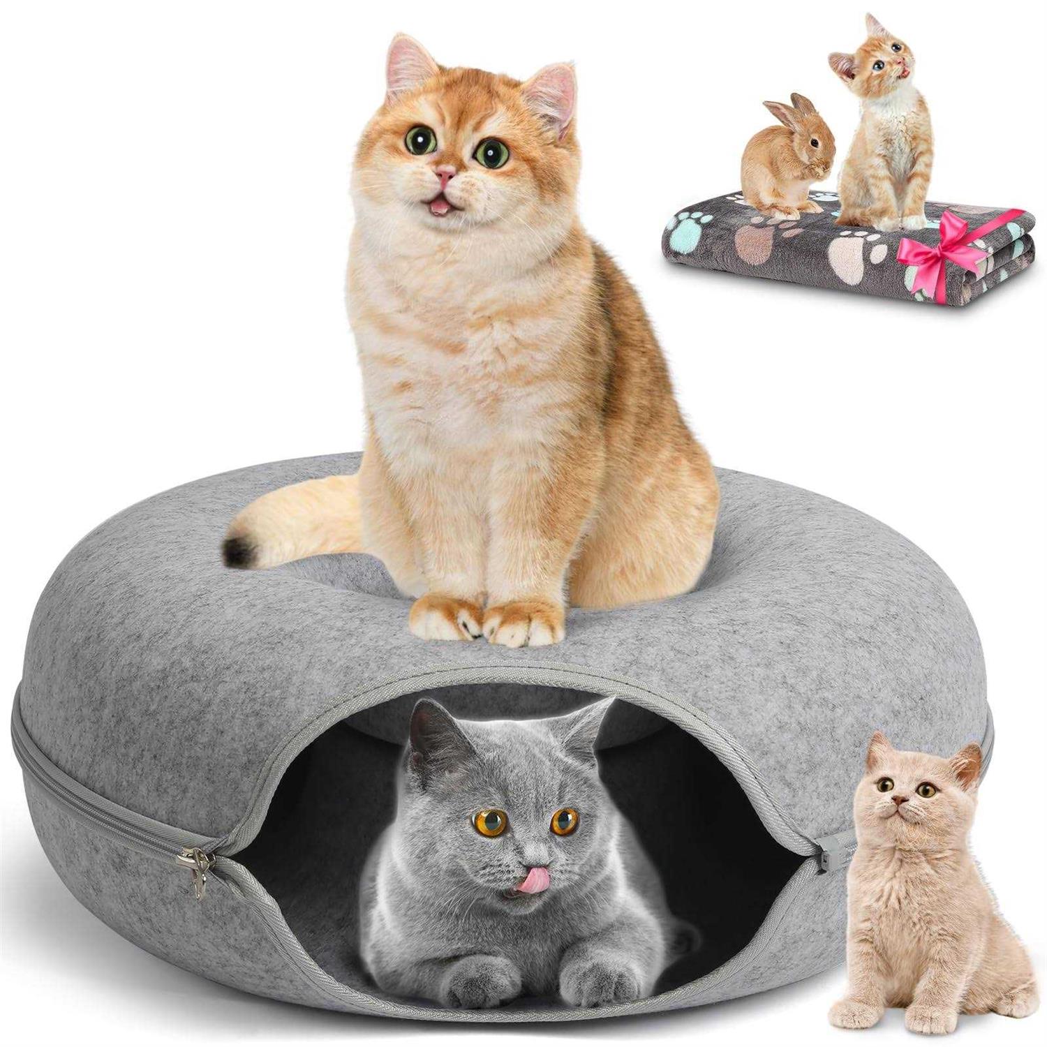 HOMAGICO Cat Tunnel Bed,Peekaboo Cat Cave with Pet Blanket,Detachable Donut Tunnels for Indoor Cats,Cat Tunnel Toy,Felt Round Cat Bed Suitable - Pet Supplies online store