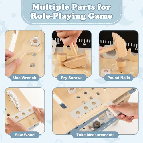Costzon Kids Tool Bench, Wooden Pretend Workbench w/ 61 Toy Tools and Accessories, Realistic Role Play Construction Building Tool Set, Indoor Outdoor Power Tool Workshop for Boys Girls 3+