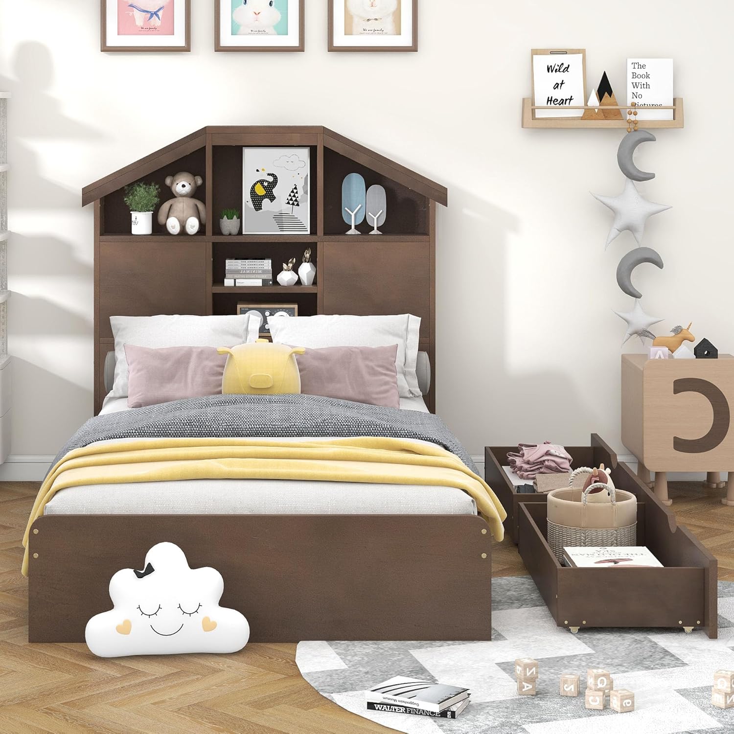 Twin Size Wood Platform Bed with House-Shaped Storage Headboard and 2 Drawers, Upholstered Wood Bed Frame Sturdy Slat Support Noise Free and No Box Spring Needed, Walnut