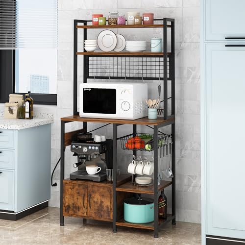 Karl home 6 Tier Bakers Rack for Kitchen, Wood Coffee Bar with Power Outlets, Microwave Stand with Storage, Metal Frame Kitchen Shelf Organizer with Hooks & Wire Basket, Rustic Brown