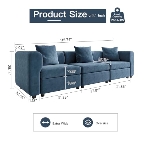 Blue Queen Sectional Sofa, Comfy Deep Seat Convertible Sofa Bed Couch, 8 Seat 150