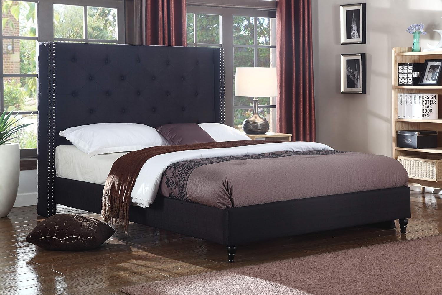 Best Master Furniture Vero Tufted Wingback Platform Bed, Queen, Black