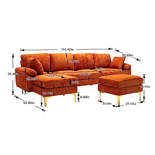 Convertible L-Shaped Sectional Sofa with Movable Ottoman, Upholstered Accent Sofa with 2 Pillows and Golden Metal Legs, Modular Sectional Couch Sets for Living Room Office Apartment, Purple