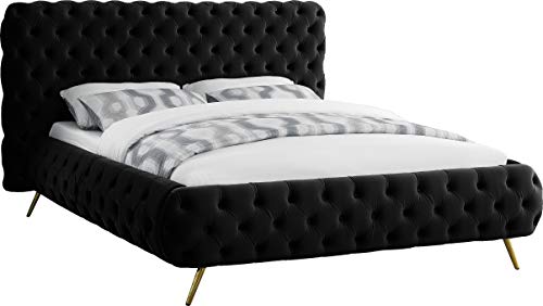 Meridian Furniture Delano Collection Modern | Contemporary Velvet Upholstered Bed with Deep Button Tufting and Custom Gold Metal Legs, Queen, Black