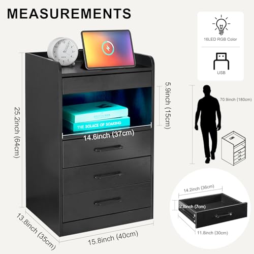 LED Nightstand with Charging Station,Bedside Table with 4 Drawers Smart Night Stand Bedroom End Tables Bed Side Table, Modern Wood Black Nightstand
