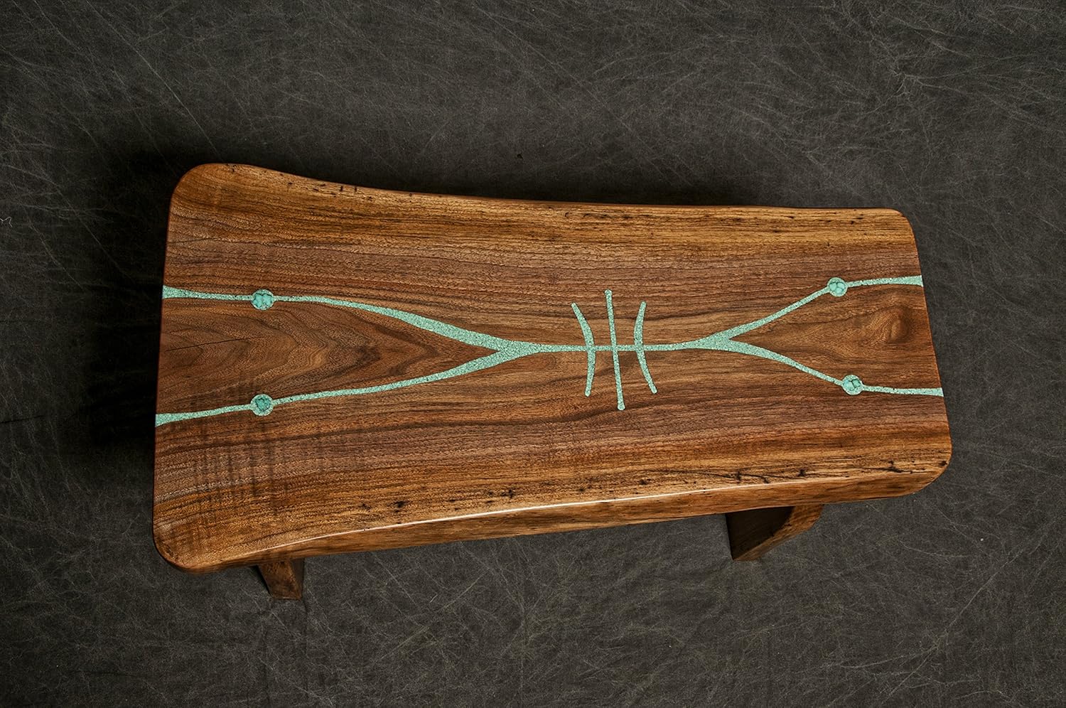 Black Walnut Slab Bench with Living Edges and Free Hand Turquoise Carving/Inlay