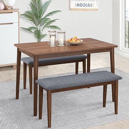 Walnut Color 3 Pieces Dining Table Set with 1 Rubberwood Rectangular Table and 2 Benches with Grey Fabric Cushions, 44.88 x 26.77 x 29.45 Inches, Space Saving Design