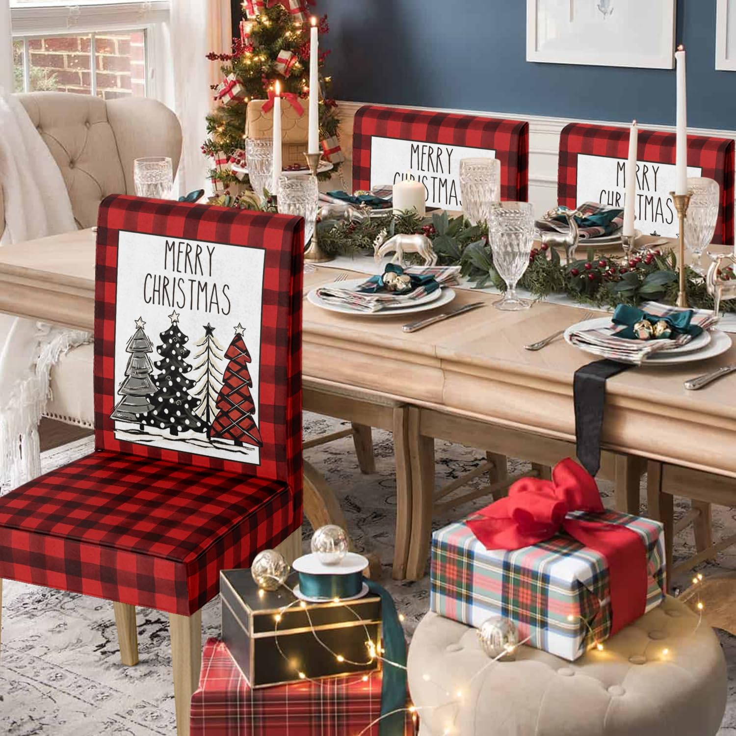 Horaldaily 4PCS Christmas Dining Chair Covers, Buffalo Plaid Trees Red Stretch Removable Washable Slipcover Chair Protector for Dining Room Home Decor