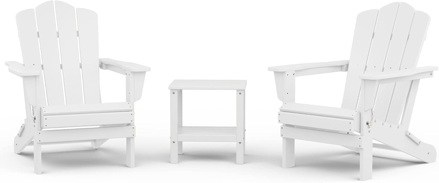 KINGYES Folding Adirondack Chair with Double Layer Side Table 3-Piece Adirondack Chair Set (Including 2 Folding Chairs-White and 1 Side Table-White)