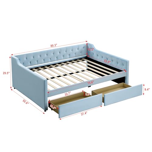 Full Size Velvet Upholstered Daybed with 2 Drawers,Modern Day Bed Frame with Tufted Backest and Armrests, Wood Slat Support,No Box Spring Needed, Beige