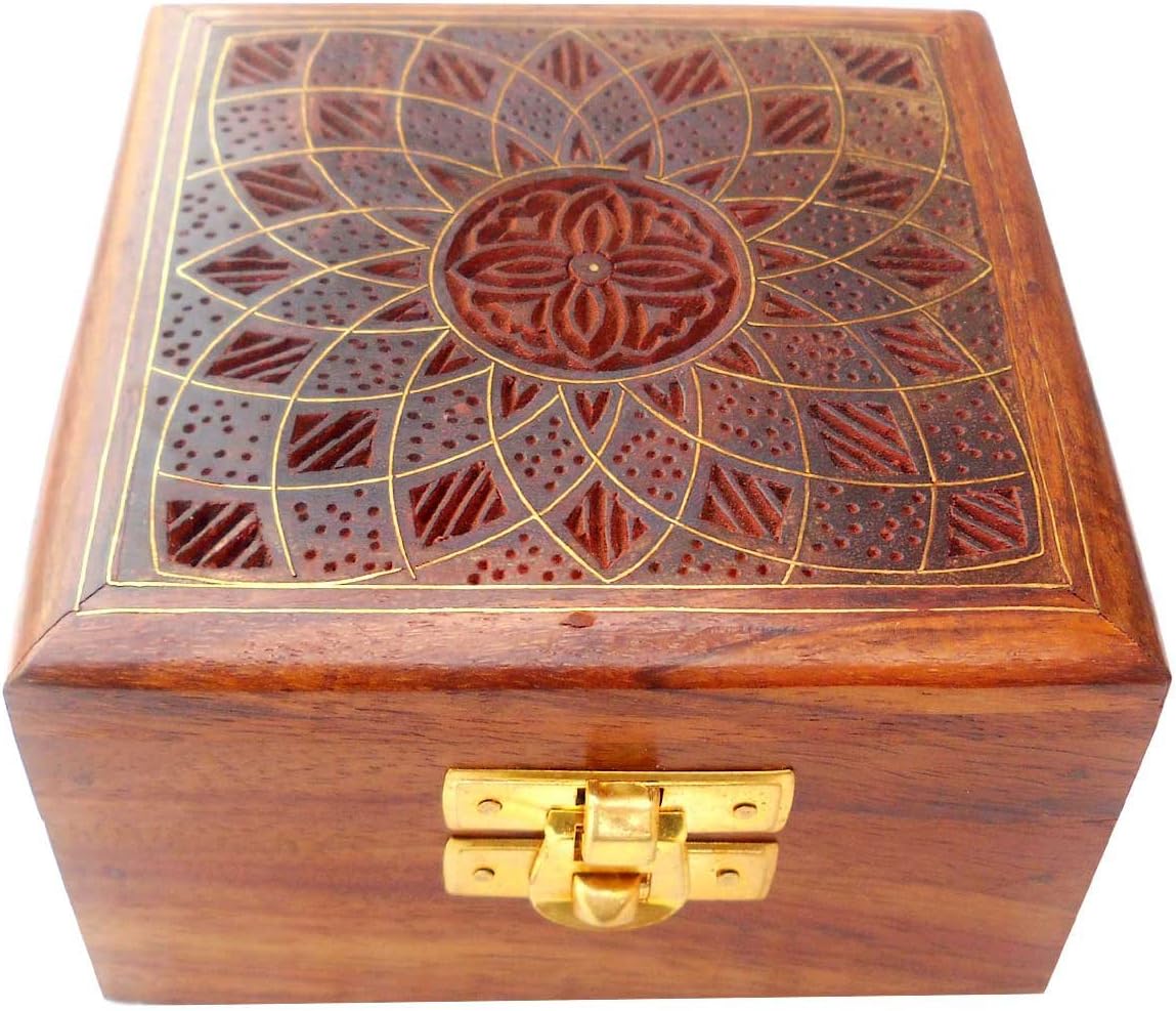 Sheesham Wood Artisan Crafted Indian Jewelry Box with Brass Inlay - Size 4