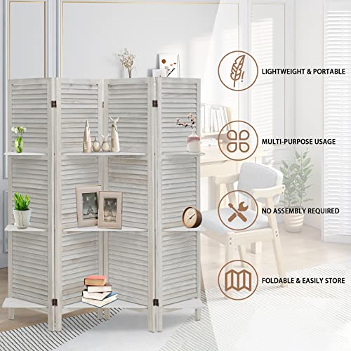 ECOMEX 4 Panel Room Divider with Shelves 5.6Ft Wood Room Dividers and Folding Privacy Screens Room Screen Divider Wooden Screen Room Divider with Shelves, Dividers Wall for Room Separation, Dark Brown