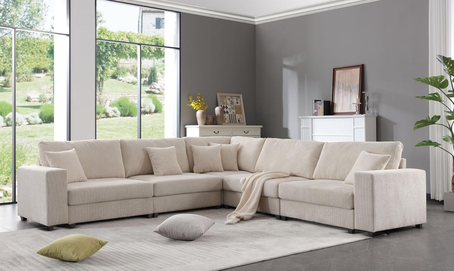Oversized Modular Sectional Sofa Set,Corduroy Upholstered Deep Seat Comfy Sofa Beige