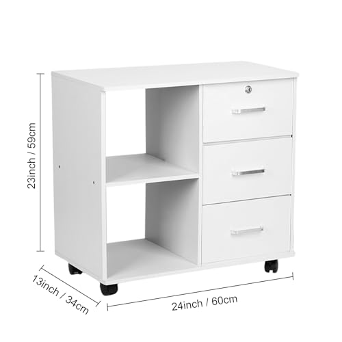 Small File Cabinets for Home Office,3 Drawer File Cabinet with Lock Office Storage Cabinet, Mobile Lateral Filing Cabinet, Printer Stand with Open Storage Shelves for Home Office White