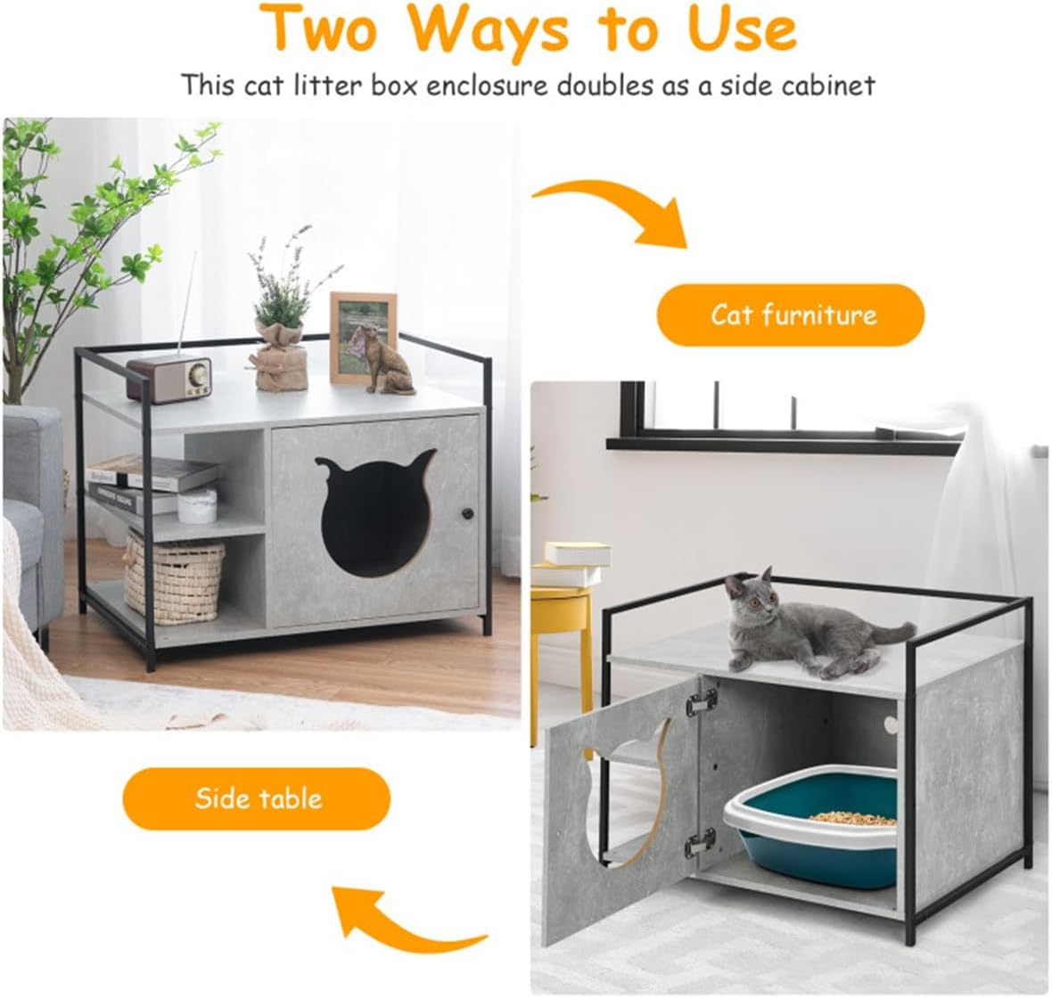 Cat Litter Box Enclosure, Cat Washroom Furniture with Front Entry, Cat Scratcher, 2 Compartments, Air Vents, Metal Frame, Wooden Pet Crate House