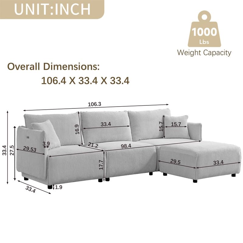 Sectional Couches for Living Room, Convertible Sectional Sofa Couch L Shaped Couch with 2 Comfort Cushions & USB Ports, Comfy Sofa Couch in Corduroy, 4-Seat Small Couches for Bedroom, Apartment, Beige