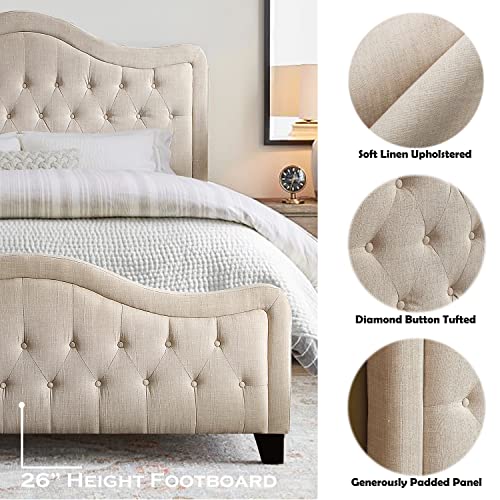 Rosevera Turin Linen Upholstered Panel Bed with Ajustable Button-Tufted Headboard for Bedroom, Queen, Pearl Beige