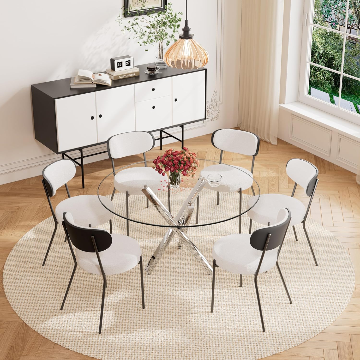 RGZ Glass Round Dining Table Set for 6, 7 Pcs Retro Circular Dining Set,Circle Dining Room Table Set, 47'' Mid Century Modern Kitchen Table Chairs Set with White Upholstered Boucle Chairs(Silver)