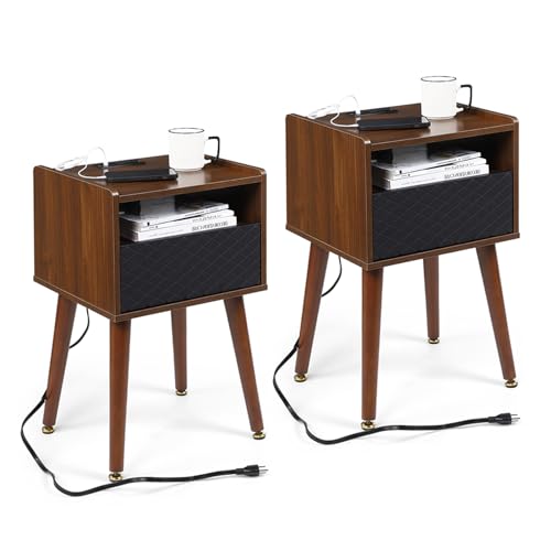 Mid Century Modern Nightstand with Charging Station, Wooden Bedside Table with Drawers, End Table Side Table with 2 Tiers Storage for Bedroom, Living Room, Brown