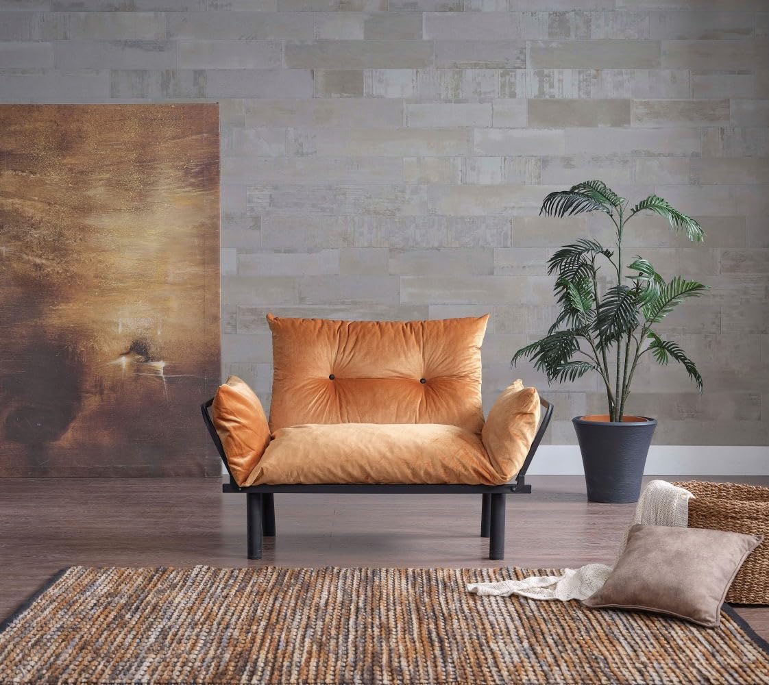 Futon Love Seat with Ottoman & Footstool, Orange, Standard Sofa Chair for Living Room, Bedroom, Dining Room, Office, Guest Room, Kids Room