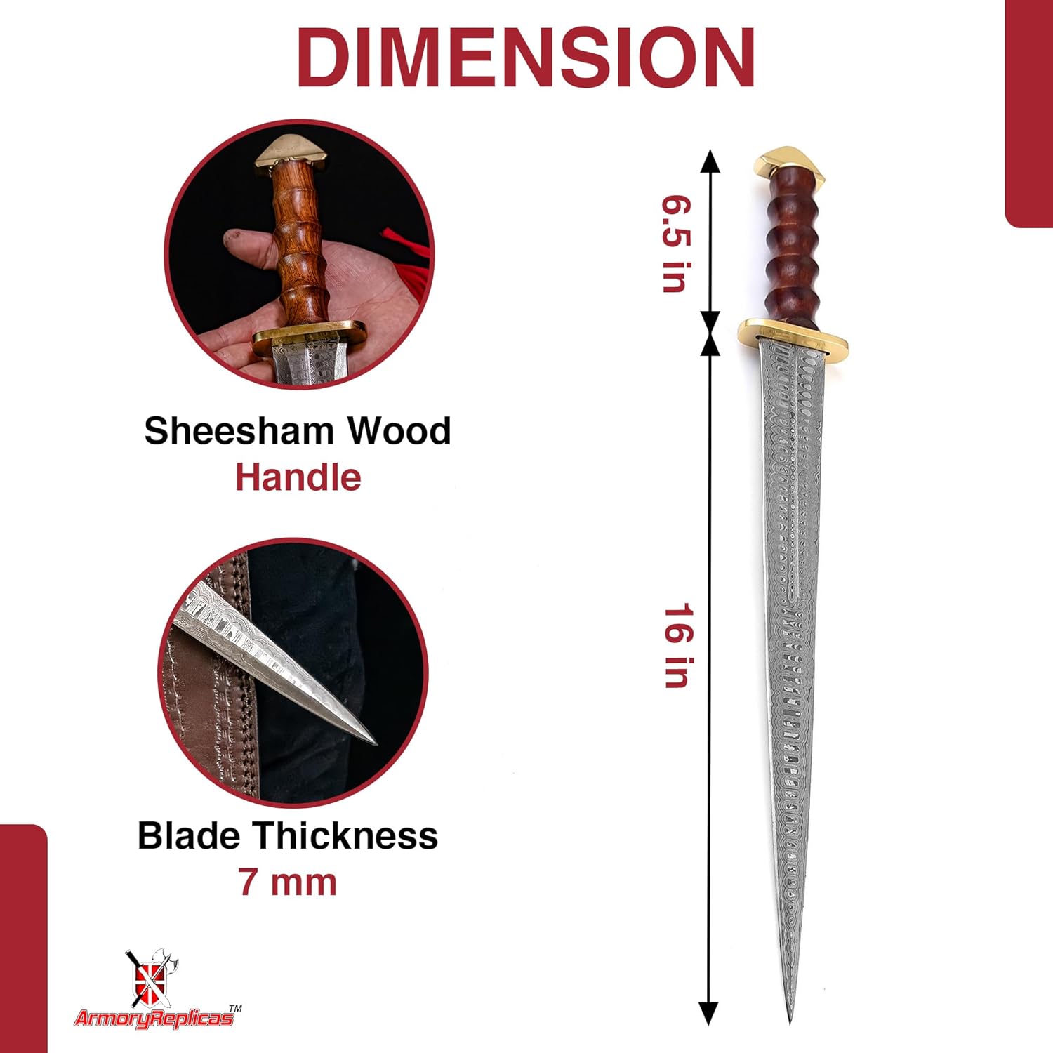 Armory Replicas™ - Damascus Steel Hand-Forged Medieval-Inspired Dagger Short Sword with Authentic Sheesham Wood & Brass Hilt - Premium Collectible for Historical Enthusiasts