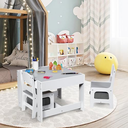 GLACER Kids Table and Chairs, 3 in 1 Craft Table with Storage, Detachable Tabletop, Removable Blackboard for Drawing, Reading, Toddler Table and Chair set for Playroom, Gift for Boys & Girls (Pink)