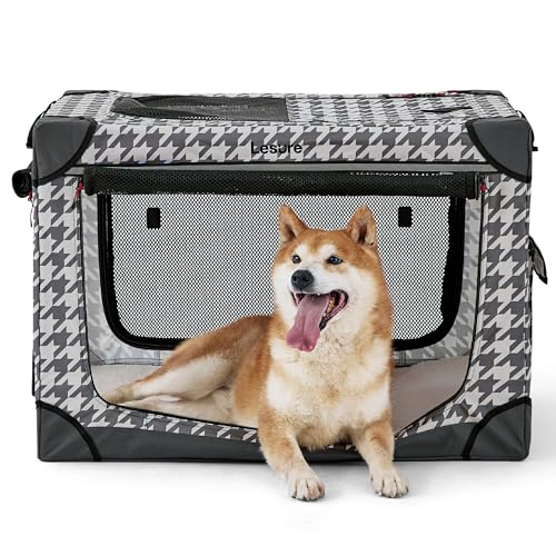 Lesure Soft Collapsible Dog Crate - 30 Inch Portable Travel Dog Crate for Medium Dogs Indoor & Outdoor, 4-Door Foldable Pet Kennel with Durable Mesh Windows (Grey)
