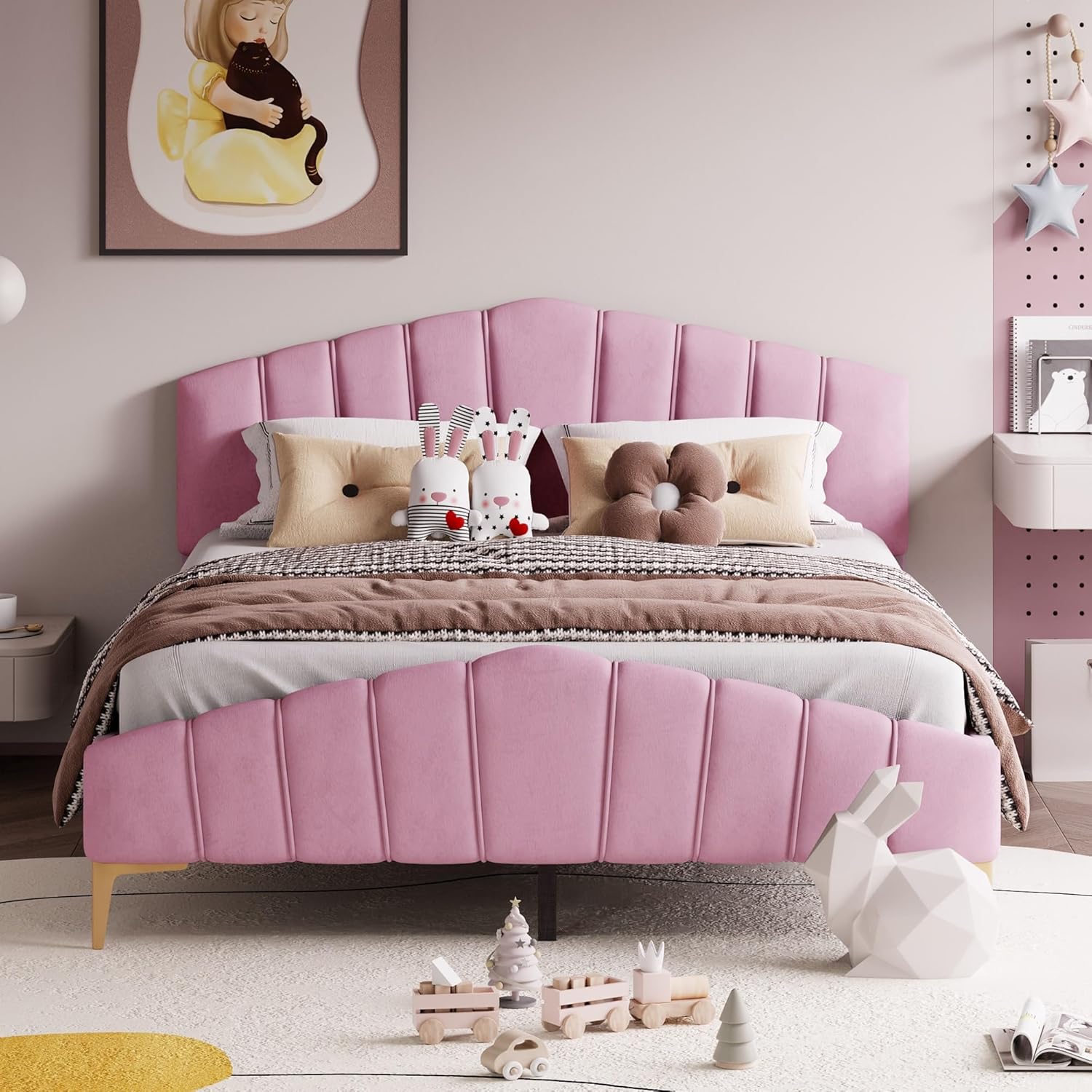 Modern Queen Size Bed Frame Velvet Upholstered Platform with Stripe Headboard Master Bedroom Double Pink Contemporary Includes Hardware
