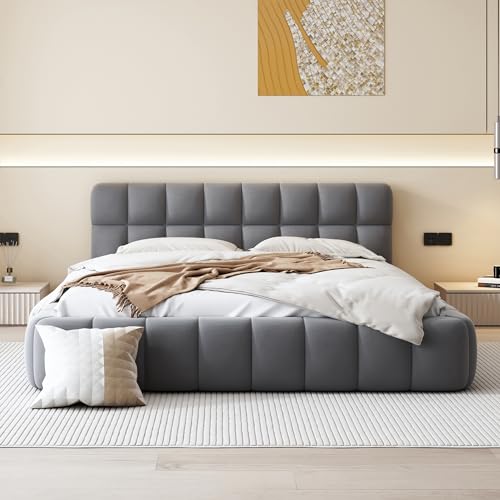 Merax Queen Size Upholstered Platform Bed, Platform Bed with Thick Fabric, Grounded Bed with Solid Frame, Beige