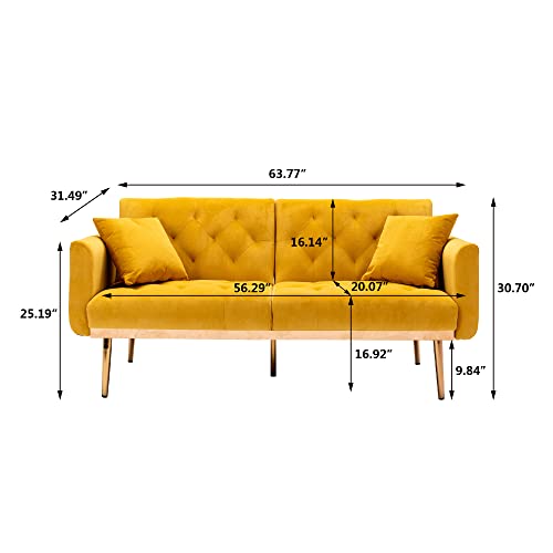 Velvet Sofa with 2 Throw Pillows,Chesterfield Sofa Bed Living Room Couch with 5 Gold Metal Legs,W64