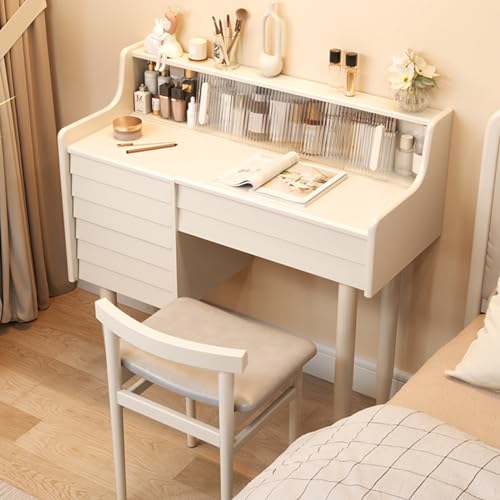 Makeup Vanity Desk with Flip Top Lighted Mirror and Chair, Solid Wood Vanity Table with Internal Storage Area, 3 Drawers, Bedroom Dressing Table (Walnut Color, M-100CM)