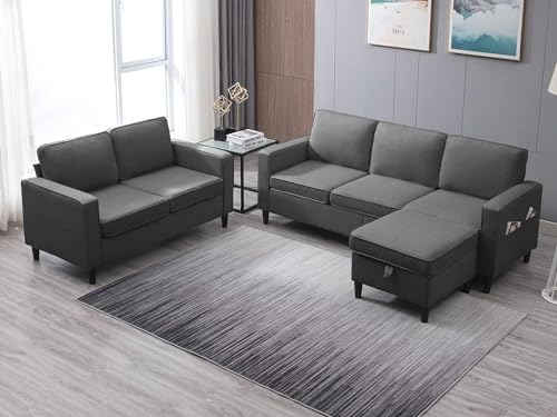 L shaped Sofa Sets 4 Pieces for Living Room,Convertible Lounge Sofa Couch for Apartment,3-Seater+2-Seater Couch+Armchair Movable Ottoman for Sitting Room