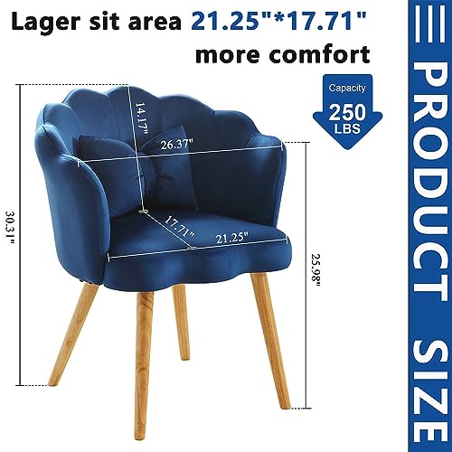 Modern Velvet Accent Chair,Shell Shape Upholstered Armchair with Wood Legs,Comfy Reading Chair for Bedroom,Living Room,Makeup Room,Bowknot Pillow (Blue)