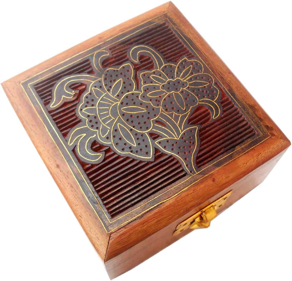 Crafts of India Hand Made Brass Inlay Sheesham Wood Jewelry Box Indian - Size 5