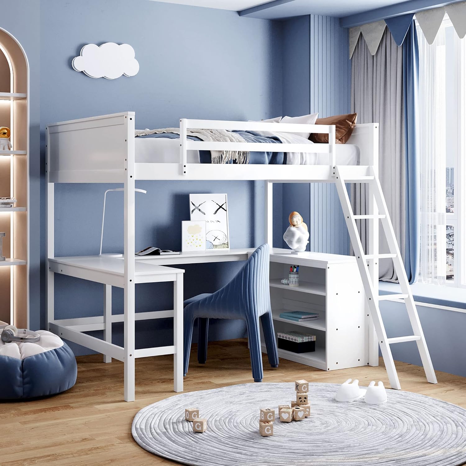 Full Size Loft Bed with Desk and Storage Cabinet, Wooden High LoftBed with Guardrails and Convertible Ladder, for Kids Teens Adults Bedroom, White